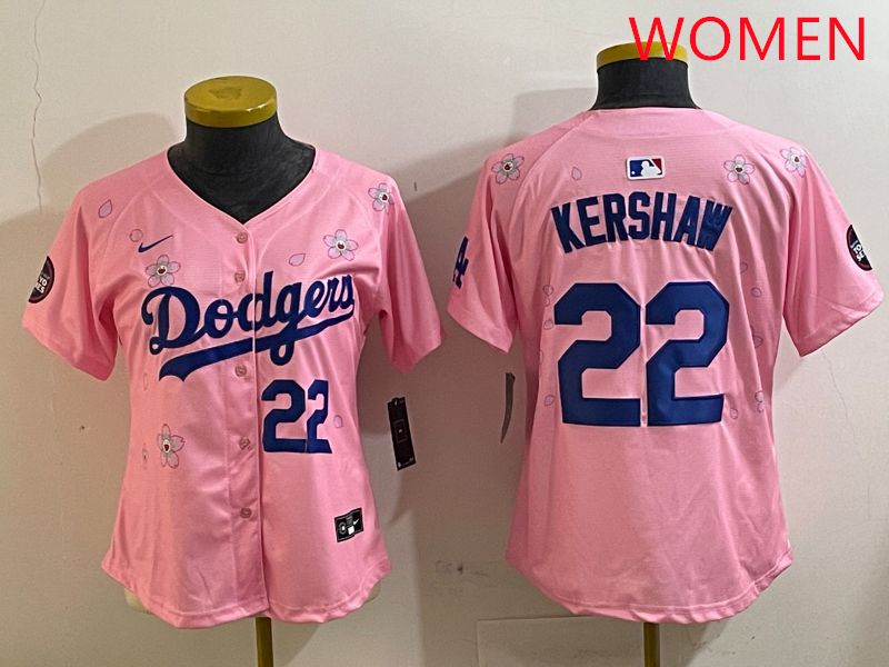 Women Los Angeles Dodgers #22 Kershaw Pink White Blue Sakura Edition 2025 Nike MLB Jersey style 5